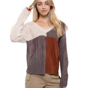 NWOT  E & M Color Block Town Square V-Neck Sweater - Cream, Brown, Gray (Medium)